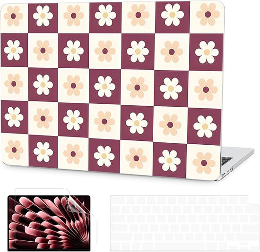 G JGOO Compatible with MacBook Air 13 inch Case 2026 2025-2022 M5 A3449 M4 A3240 M3 A3113 M2 A2681, Hard Shell for MacBook Air 13.6 inch Case + Keyboard Cover + Screen Protector,Checkered Flower