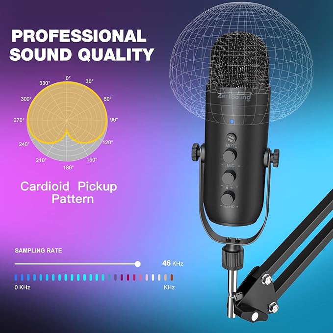 ZealSound Gaming Microphone for PC, USB Podcast Microphone with Noise Reduction, Mute & Gain Control, Zero-Latency Monitoring, Echo Control, Boom Arm, for Mac, iPhone, Stream, YouTube, TikTok, Discord