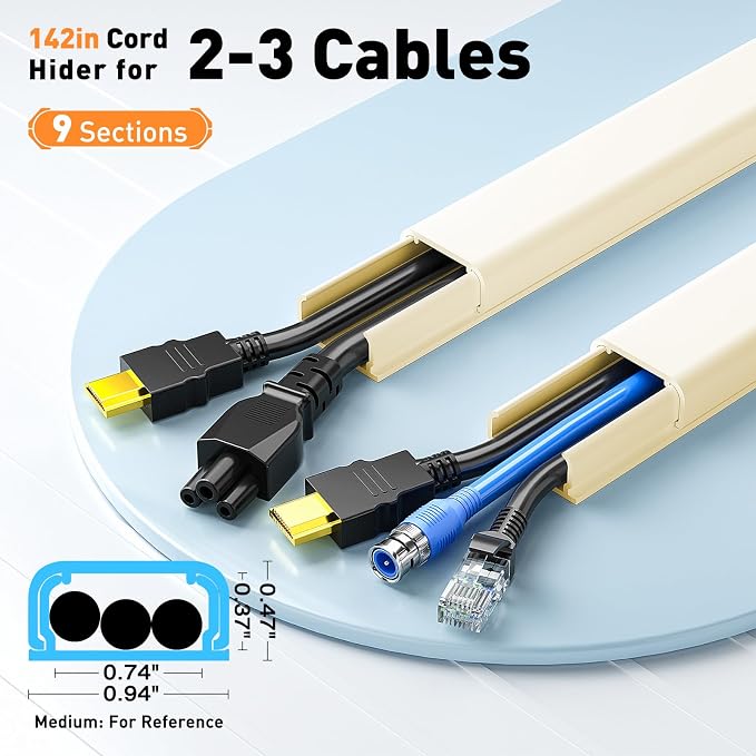 Delamu Cord Hider, 142in Cable Hider, Cord Covers for 2-3 Wires on Wall, Wire Covers for Cords, Wire Hiders for TV on Wall, Easier Setup Cable Cover Cable Management, W0.94 H0.47in, Beige - Image 2
