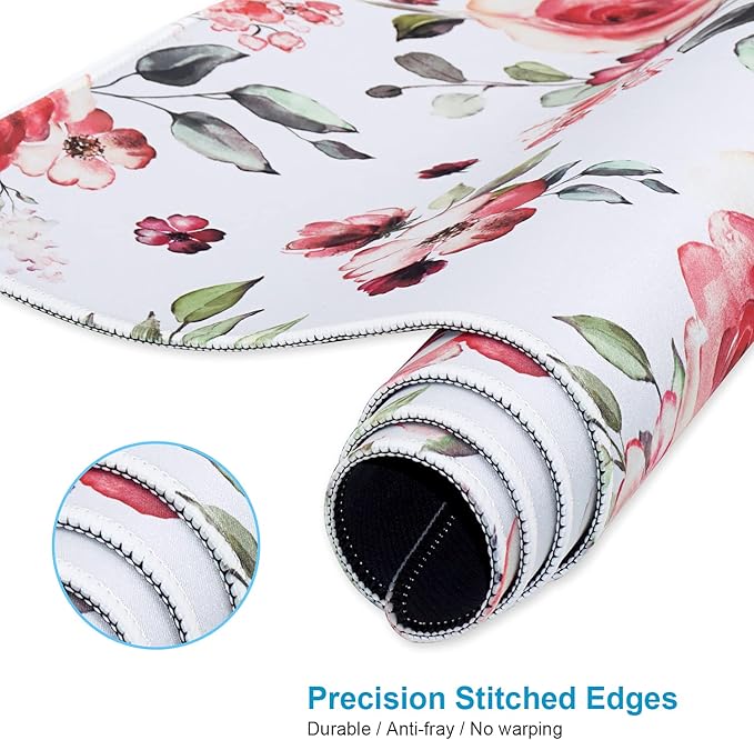 XXL Waterproof Office Desk Pad Protector 35.4x15.7 Inch - Extended Gaming Mouse Pad with Non-Slip Rubber Base, Thickened Keyboard Mat, Stitched Edges & Peony Flowers Design