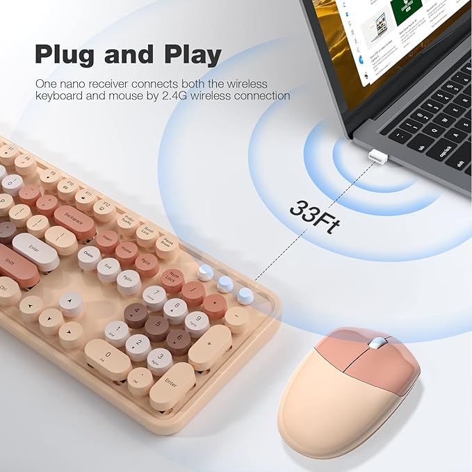 Wireless Keyboard and Mouse, 2.4Ghz USB Retro Full Size Typewriter Keyboard and Sport Car Mouse Combo for Mac, Windows 7/8/10, Laptop, Desktop, PC, Computer (Milk Tea Colorful)