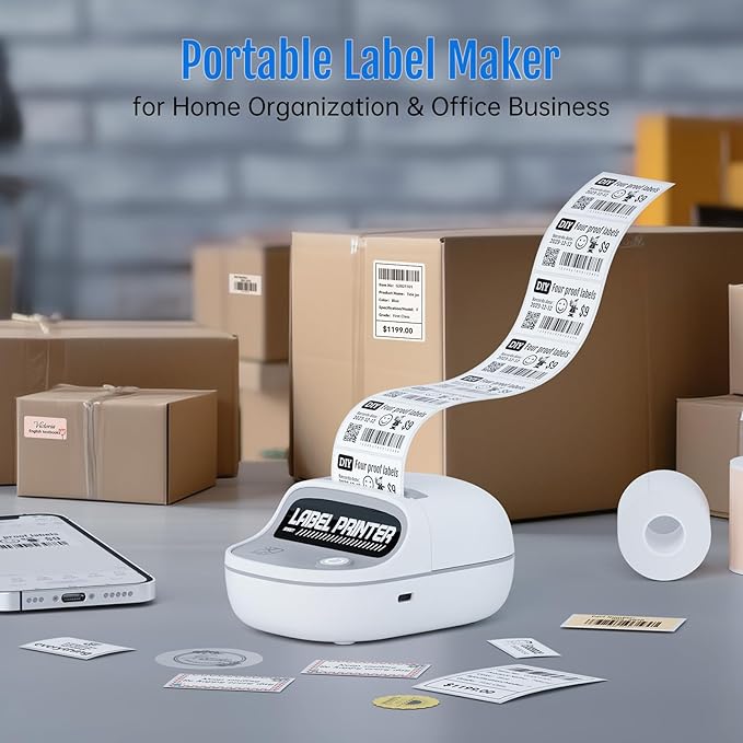 HPRT T20 Label Maker - Bluetoth Portable Label Printer, with Auto Identification and Waterproof Label, Thermal Inkless Labeler for Office, Home, Kitchen, Organization (White)