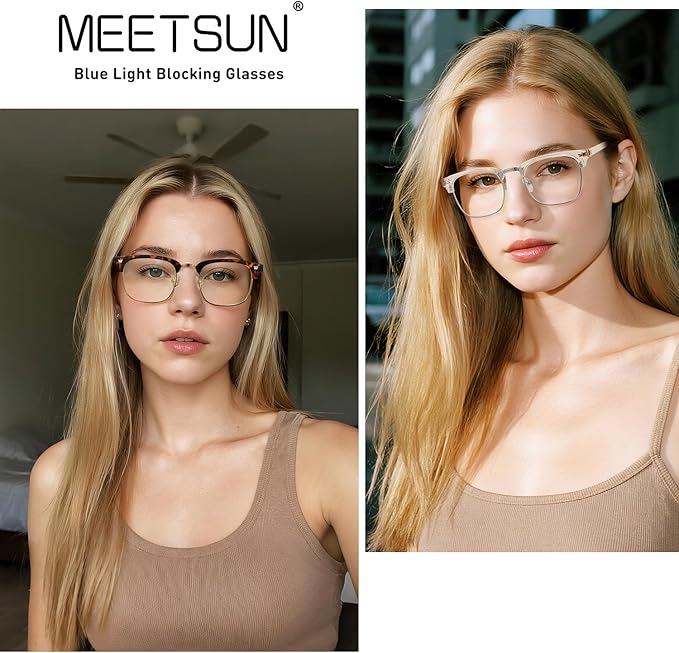 MEETSUN Blue Light Glasses Retro Half Frame Clear Lens - Anti-Eyestrain for Computer, Gaming & Phone Use | Women Men Fashion Bluelight Glasses(Tortoiseshell Frame+Clear Frame / 2 PACK)