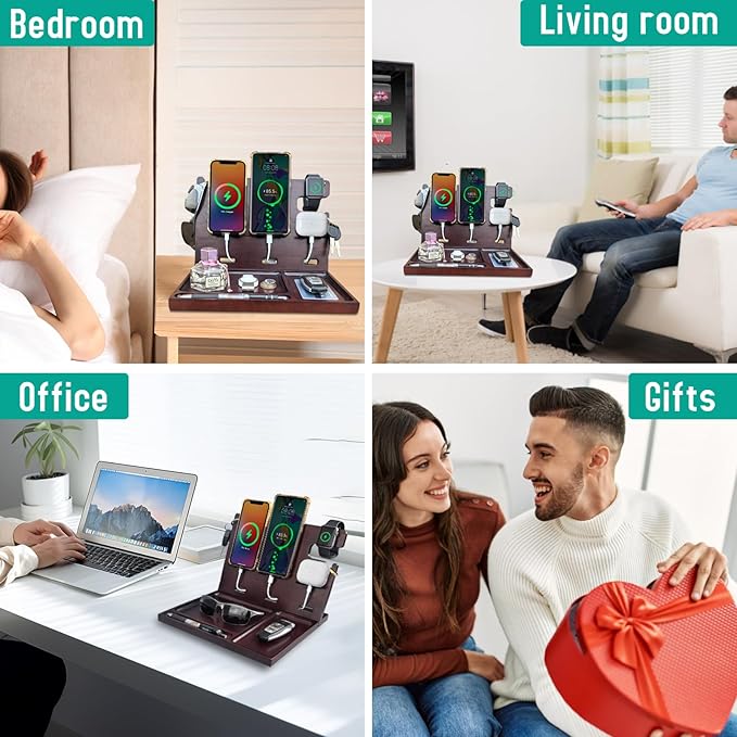 Wood Phone Docking Station with 4 USB PD & QC3.0 Fast Charger,Nightstand Organizer for Men, Dual Phone Charging Station for iPhone Samsung Google Android Anniversary Birthday Gifts for Men Him