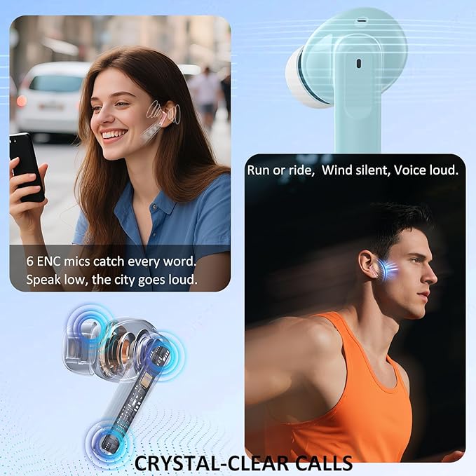 Wireless Earbuds Bluetooth 5.4, 6 Mic ENC Noise Cancelling Clear Call, in Ear Buds Deep Bass HiFi Stereo Sound, Big Dual LED Display 48H Playtime Earphones, IPX7 Waterproof Headphones for Android iOS