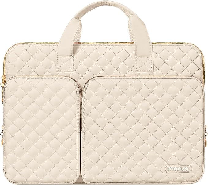 MOSISO 360 Protective Laptop Case 13.3 inch, 13-13.3 inch Laptop Sleeve Compatible with MacBook Air/Pro 13/Pro 14,HP Dell ASUS Lenovo, Square Quilted Bag Cover with 2 Pockets&Handle&Belt, Sand