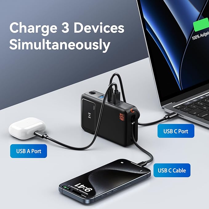 Selore&S-Global Portable Charger with Wall Plug & Power Bank with Dual Built-in Cable, 65W Fast Charging, for iPhone Laptop Samsung