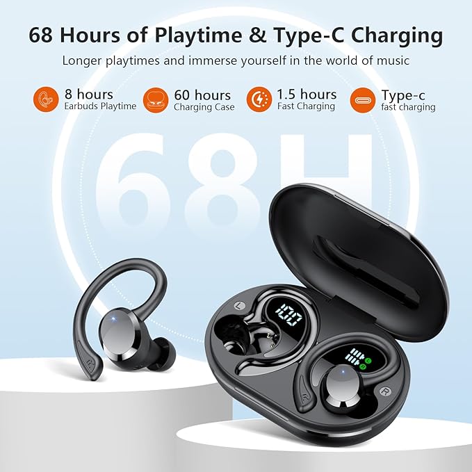 sprtoybat Wireless Earbuds, 2026 New Bluetooth 5.4 Headphones Sport Earphones with 68Hrs Playtime LED Display ENC Noise Cancelling Mic, IPX7 Waterproof Over Ear Ear Buds with Hook for Sports/Running