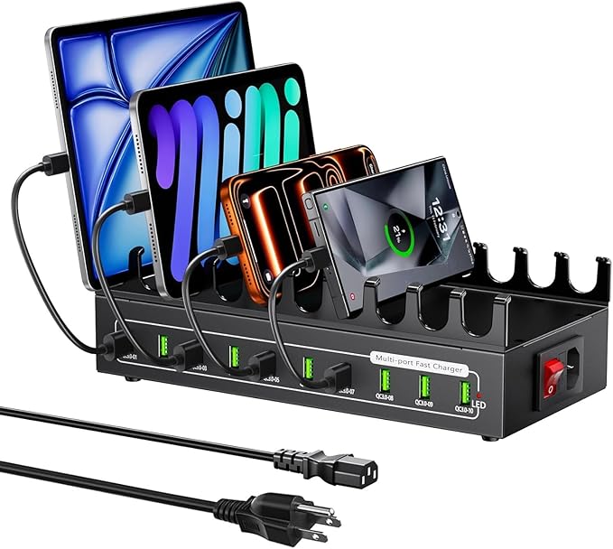 200W USB Charging Station for Multiple Devices, 10 Ports USB Fast Charger Station,Desktop Multi Charging Station Hub Compatible with Samsung/iPhone/iPad/Google Pixel/Tablets and Other USB Electronics
