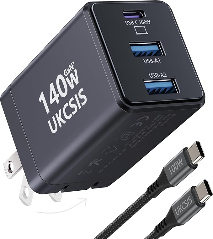 140W USB C Charger Block, Foldable 3-Port GaN Fast Charger, Type C Charging Block, Laptop Fast Charging Adapter for MacBook Pro/Air, iPad, iPhone, Samsung Galaxy (Grey)