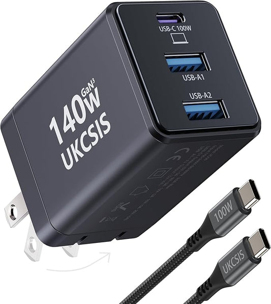 140W USB C Charger Block, Foldable 3-Port GaN Fast Charger, Type C Charging Block, Laptop Fast Charging Adapter for MacBook Pro/Air, iPad, iPhone, Samsung Galaxy (Grey)