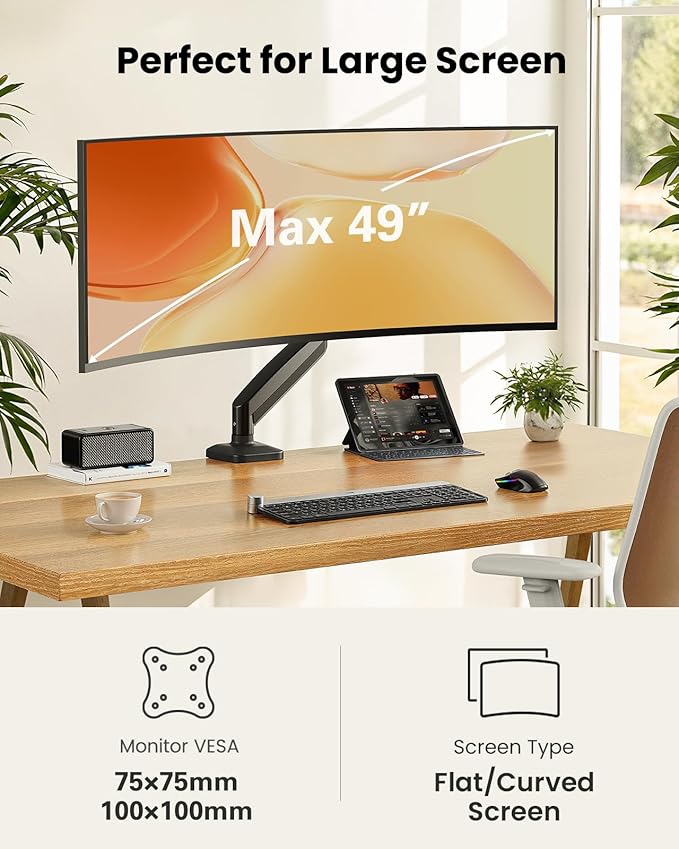 ErGear Single Monitor Arm, Adjustable Monitor Mount for 17–49 inch Screens, Computer Monitor Stand with VESA Mount, C-Clamp & Grommet Base, Max Load 22 lbs, Max VESA 100x100mm, EGSS25B
