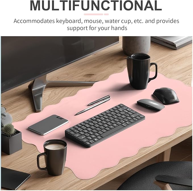 Scalloped Desk Mat Leather Desk Pad Protector Non-Slip PU Leather Table Protector Waterproof Mouse Pad Keyboard Mat Curly Mousepad PC Accessories Gift for Office Home(Light Pink)