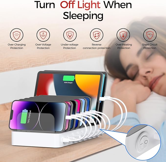 Unitek 8 Port USB C Charging Station - 2X 20W PD USB-C & 6 USB-A Ports Multi Device Charger Dock for iPad, iPhone, Samsung Tablets White Tablet Organizer & Charger
