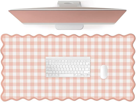 Scalloped‌ Pink Checkered Gingham Desk Mat Cute Pastel Large Mouse Pad Kawaii Cottagecore ‌Vintage‌ Girly Laptop Keyboard Computer Mat Pad Aesthetic Cozy Office Desk Decor for Women