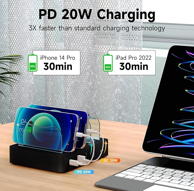 Charging Station for Multiple Devices - 4-Port 20W PD USB-C Charger for iPhone iPad Smartphones Tablets(Black)