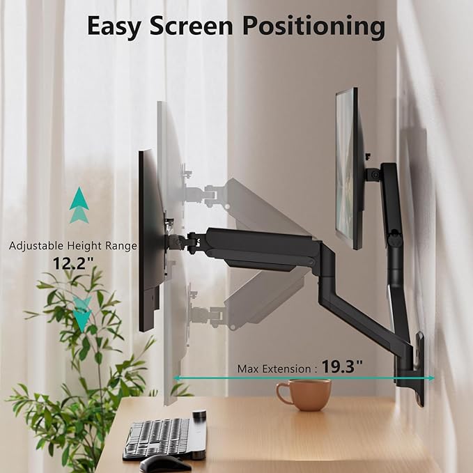 WALI Dual Monitor Wall Mount for 17 to 32 inch Screens, Monitor Wall Mounts for 2 Monitors, Holds up to 22 lbs, Fully Adjustable Monitor Arm,75x75/100x100 VESA Wall Mount (GSWM002), Black