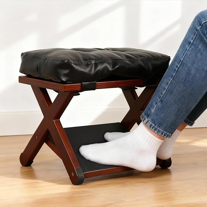 Ergonomic Wooden Double Step Foot Rest for Under Desk - Wood Footstool with Non-Slip Surface for Home Office & Gaming - Comfortable Posture Support, Walnut Finish