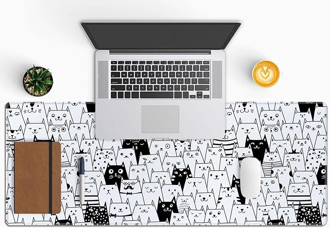 Large XL Gaming Mouse Pad - 31.5 x 11.8 Inch Extended Long Thin Desk Mat for Keyboard Mice with Cute Cartoon Black White Cats