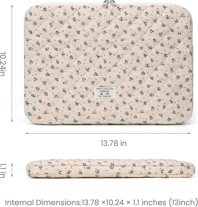 Puffy Laptop Sleeve Case Cute Computer Bag Flower Printed Quilted Laptop Carrying Cases Floral Pattern Protective Cover