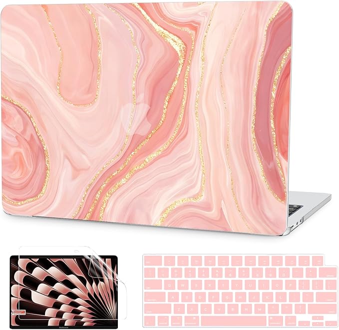 G JGOO Compatible with MacBook Air 13 inch Case 2026 2025-2022 M5 A3449 M4 A3240 M3 A3113 M2 A2681, Hard Shell for MacBook Air 13.6 inch Case + Keyboard Cover + Screen Protector, Pink Marble
