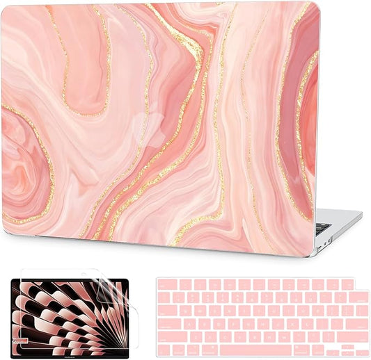 G JGOO Compatible with MacBook Air 13 inch Case 2026 2025-2022 M5 A3449 M4 A3240 M3 A3113 M2 A2681, Hard Shell for MacBook Air 13.6 inch Case + Keyboard Cover + Screen Protector, Pink Marble