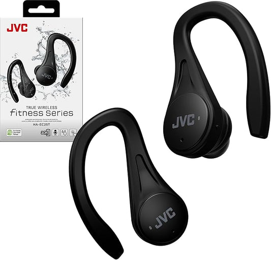 JVC Sport True Wireless Earbuds Headphones, Lightweight and Compact, Long Battery Life (up to 30 Hours), High Quality Sound with Neodymium Magnet Driver, Water Resistance (IPX5) - HAEC25TB (Black)