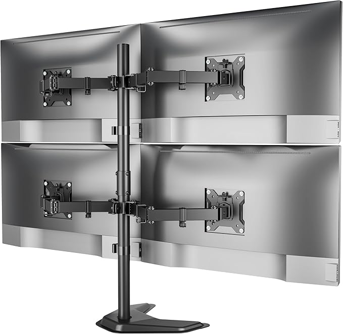 monTEK Stable Quad Monitor Stand, Free Standing Fully Adjustable Desk Mount for 4 Screen up to 17”-32” and 22lbs Capacity Each Arm, Heavy Duty Base, VESA 75x75mm/100x100mm