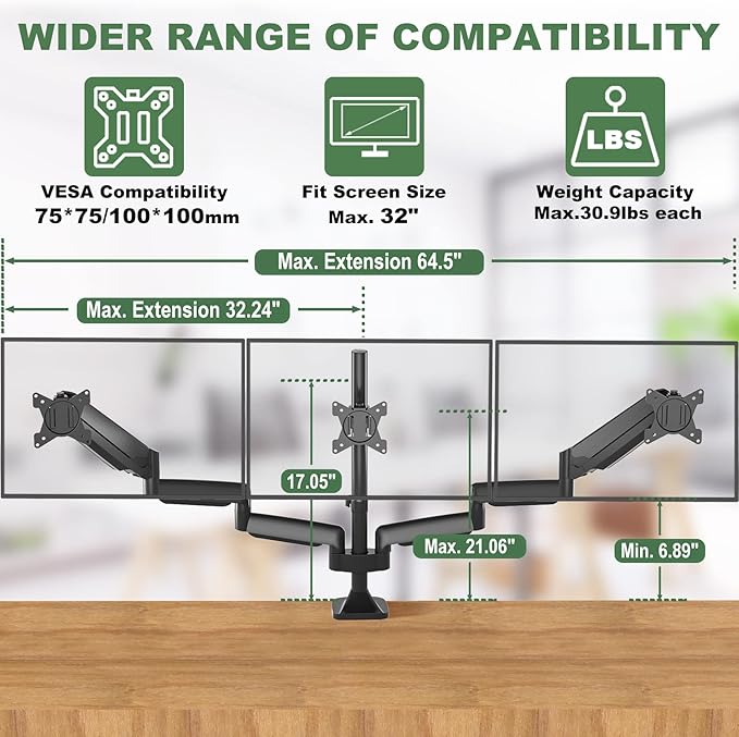 UPGRAVITY Triple Monitor Stand for Three Computer Screens up to 32”, Heavy Duty C-Clamp Base, Fully Adjustable Gas Spring 3 Monitor Desk Mount Arms Hold up to 30.9 lbs Each