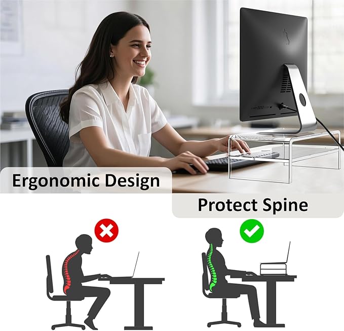 Egchi Acrylic Monitor Stand, 2 Tiers Clear Monitor Riser Computer Stand for Office, Home, Office, 5.12 Inches Hight PC Desk Stand for Keyboard Storage, Premium Platform for Laptop Printer TV Screen