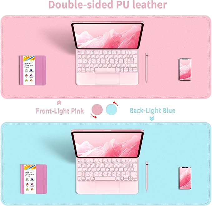 Bleswin Multifunctional Large Desk Mat, Double Sided Computer Desk pad, Extended Mouse Mat, Office Desk Protector with Waterproof PU Leather, 35.4''×16.9'', Office Home Writing Pad (Pink+Light Blue)