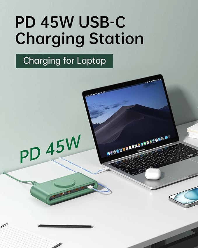 7-in-1 USB C Charging Station, 135W GaN 3.0 with 45W PD USB-C, 18W QC3.0 USB-A & 10W Magnetic Wireless Charger, Charge 7 Devices Simultaneously for iPhone 12-16/Samsung/MacBook/AirPods