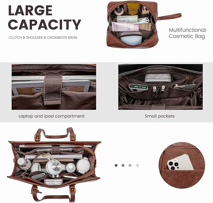 LOVEVOOK Laptop Bag for Women Vintage Leather Laptop Tote 17.3 inch Large Capacity Computer bag with Clutch Purse for Work