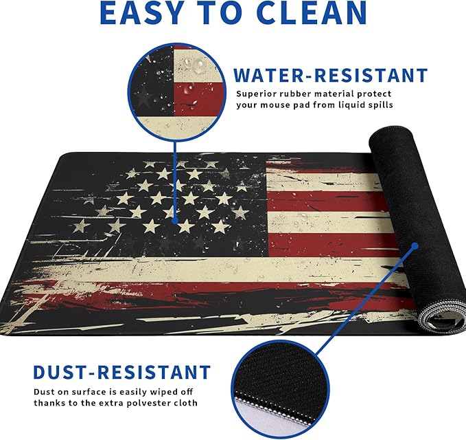 American Antique Flag Mouse Pad Abstract AmericanMouse Pad 31.5x11.8 Inch Flag Texture Non-Slip Rubber Base Large Mousepad Stitched Edges Keyboard Mouse Mat Desk Pad for Office and Home