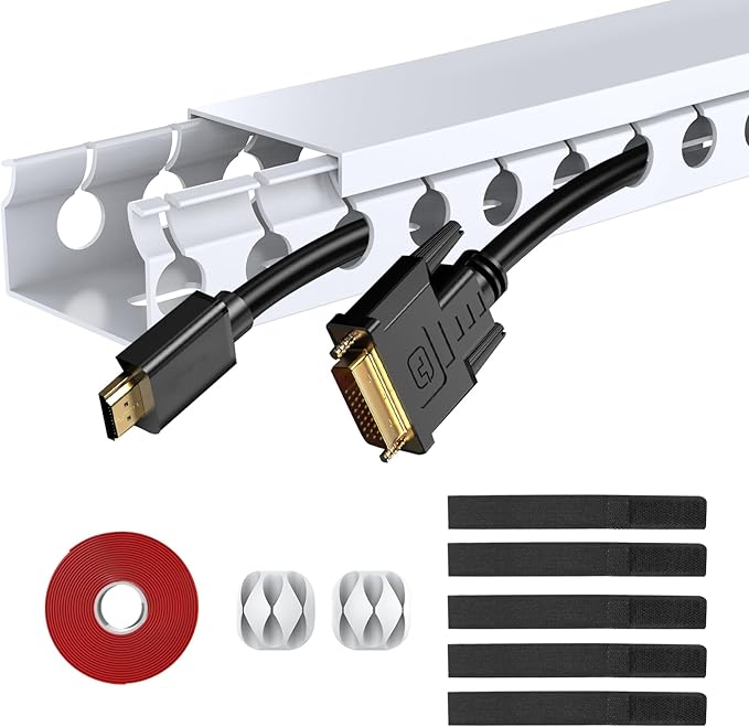 Updated White Cable Raceway Kit, 77 (5x15.5) inch Open Slot Wire Covers for Cords, Cable Management System to Hide Under Desk/TV/Computer/Net/Power Cords(Pack 5) by ENONCI