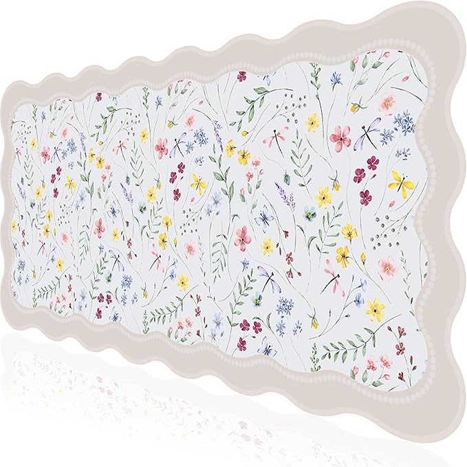L-SPOUTTO Floral Mouse Pad,Botanical Desk Mat XXL Large Scalloped Gaming Mousepad,35.4x15.7in Non-Slip Keyboard Pad Waterproof Desktop Mat for Laptop Computer Work Game Home Office-Wild Flowers