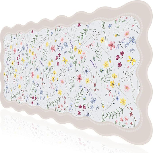 L-SPOUTTO Floral Mouse Pad,Botanical Desk Mat XXL Large Scalloped Gaming Mousepad,35.4x15.7in Non-Slip Keyboard Pad Waterproof Desktop Mat for Laptop Computer Work Game Home Office-Wild Flowers