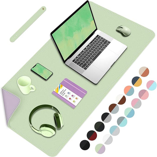 Double-Sided Office Desk Mat, Large Mouse Pad, Waterproof PU Leather Protective Pad, Laptop Desk Pad, Dual Use Cover Protector for Office/Home Keyboard (Matcha+Purple, 31.5''×15.8'')