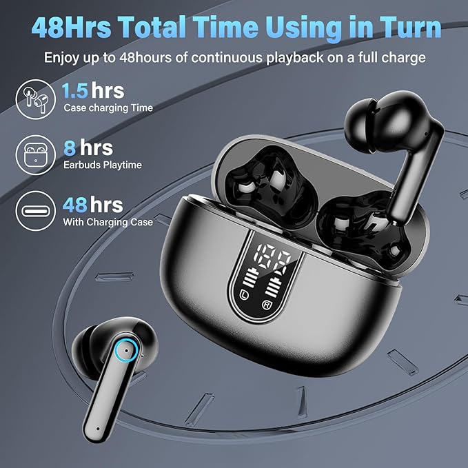 Wireless Earbuds, Ear Buds with Noise Cancelling Mic, Hi-Fi Stereo Bass Ear Buds with 48H Playtime, Bluetooth 5.4 Headphones Bass Stereo, Bluetooth Earbuds for Laptop, Phones, Sports