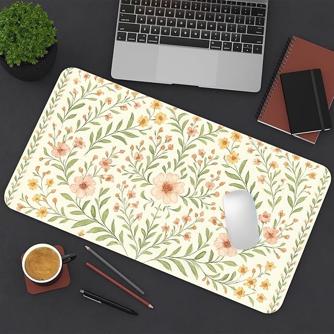 Large Mouse Pad, Beige Flowers Desk Mat for Desktop, Women Girls Flowers PU Leather Waterproof Desk Pad, Computer PC Laptop Protector Gaming Mouse Pads for School Office Home 23.6" x 11.8"