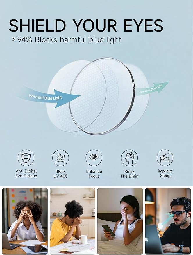 Round Blue Light Blocking Glasses Lightweight Chic Frame Anti Eye Strain Protection Computer Gaming for Women and Men