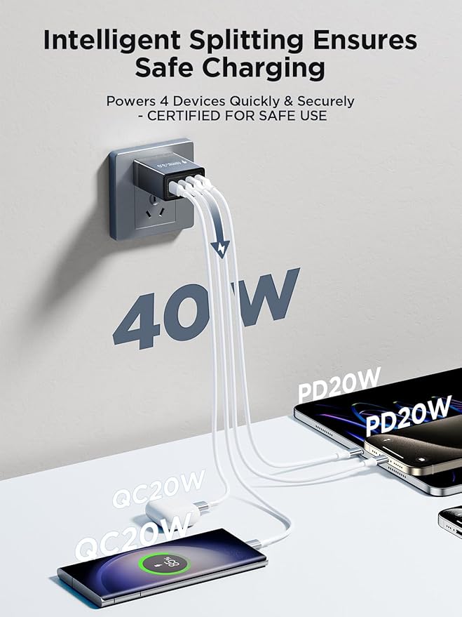 USB C Wall Charger Block, 40W USB C Charger Block QC Wall Plug + PD Power Adapter Multiport Brick Type C Fast Charging Block for iPhone 17 16 15/14 Pro Max/13 Pro/12/11/8, XR/XS/X, Samsung Cube