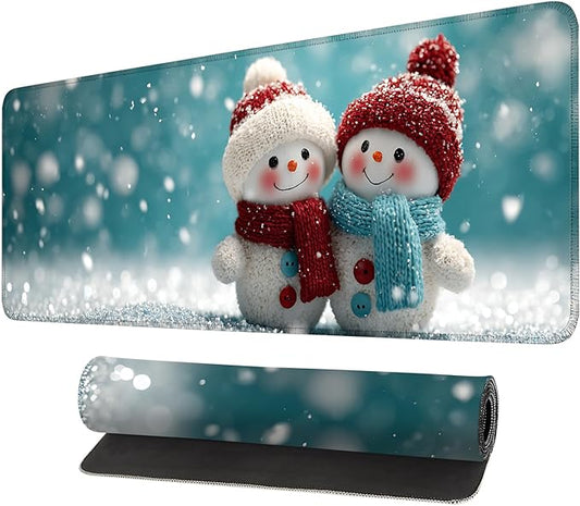 Mouse Pad, Large Anti-Slip with Stitched Edges Desk Mat Desktop Laptop Computer Desk Keyboard Mat,Table Protector Blotter Mat (Two Snowman, 31.5" x 11.8")