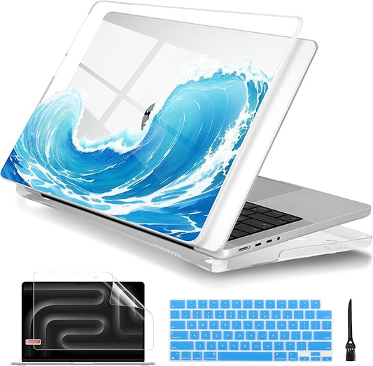 Batianda for MacBook Pro 14 Inch Case 2026-2021 Release M5 M4 M3 M2 M1 Pro/Max, 1.2mm Slim Graphic Hard Shell Cover with Keyboard Cover, Screen Protector 4-in-1 Bundle, Blue Waves