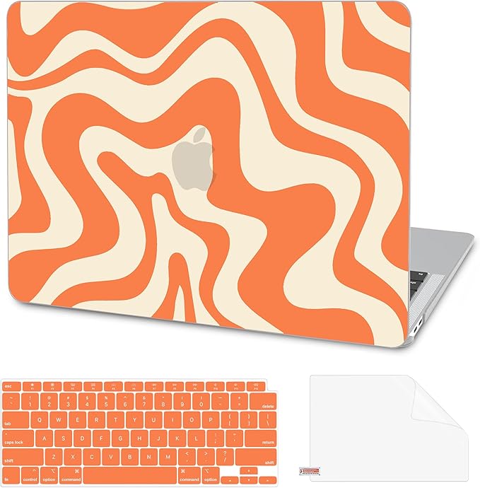 AKIT Compatible with MacBook Air 13 Inch Case M1 2022 2021 2020 2019 2018 A2337 A2179 A1932, Pattern Hard Shell Laptop Case+Screen Protector+Keyboard Cover for Mac Book Air 13.3 Inch, Orange Wave