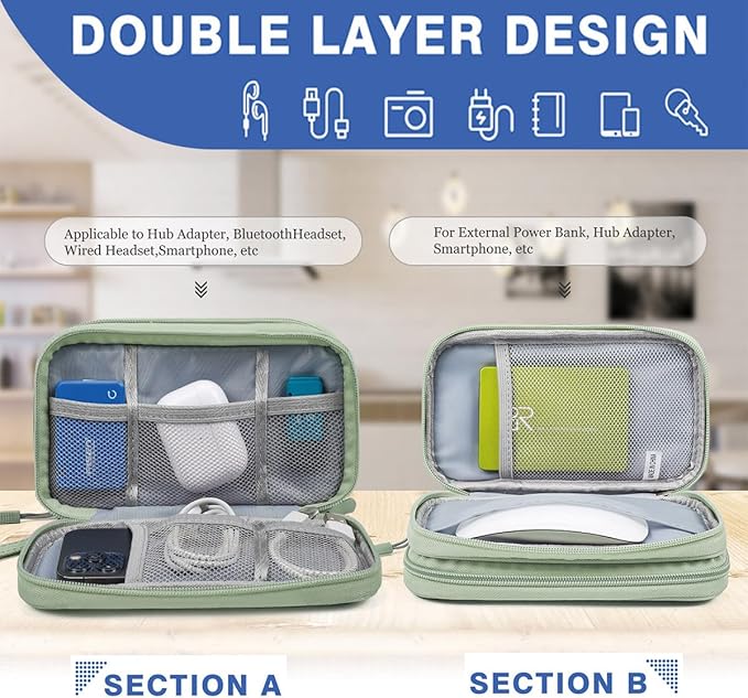 Electronic Organizer Bag, Waterproof Portable Electronic Organizer Travel Accessories Cable Bag Universal Cord Storage Case for Cable, Charger, Phone, Power Bank, Earphone(Mint Green, Large)