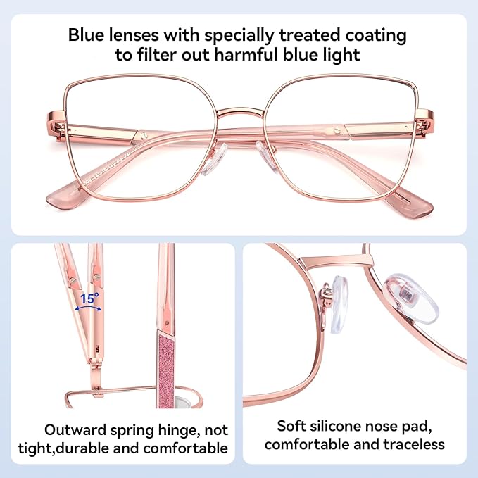 Dollger Pink Oversized Square Blue Light Blocking Glasses for Women Trendy Oversized Computer Gaming Eyeglasses Cat Eye Metal Frame bluelight glasses Rose Gold