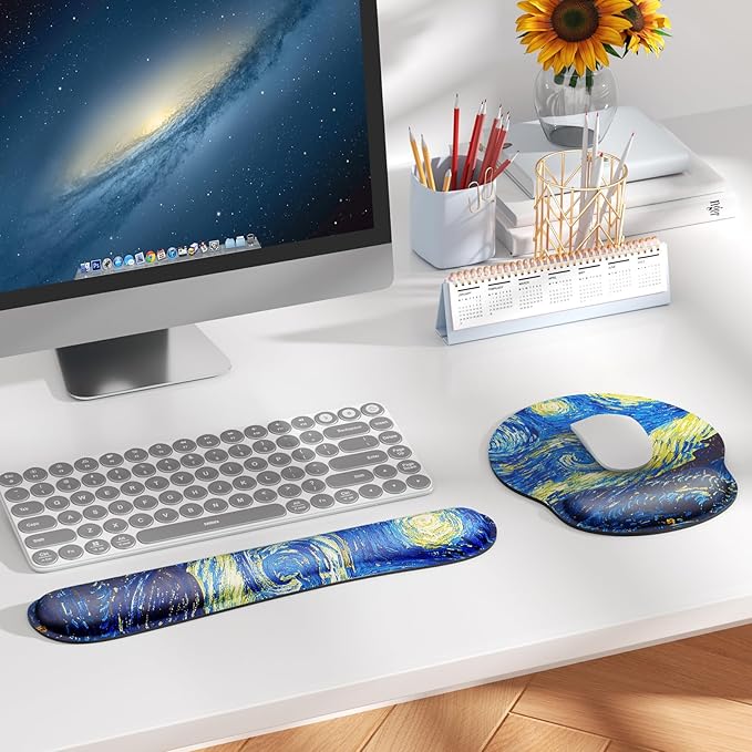 KTRIO Ergonomic Keyboard Wrist Rest and Mouse Pad with Wrist Rest Set, Memory Foam Wrist Support for Typing, Gaming, Office and Home Use, Starry Night