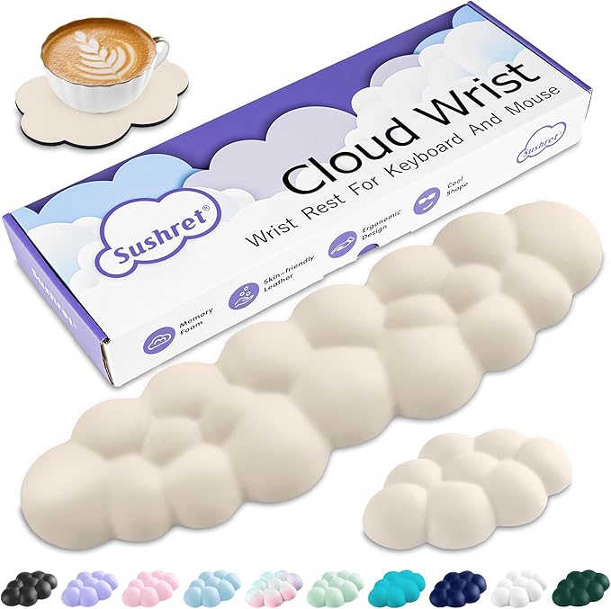 Sushret Cloud Wrist Rest Keyboard, Cloud Keyboard Wrist Pad Set with PU Leather Memory Foam, Cute Arm Rest for Palm Support, PC/Gaming Desk Accessories/Office Setup/Computer Hand Cushion - Beige