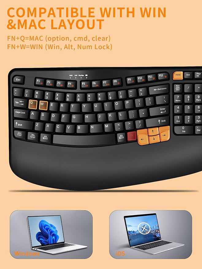 RECCAZR Ergonomic Wireless Keyboard with Wrist Rest, Wave Keys for Comfortable Natural Typing, 2.4GHz Ergo Wireless Computer Keyboard for Windows, Mac OS Laptop/PC/Notebook (Black&Orange)